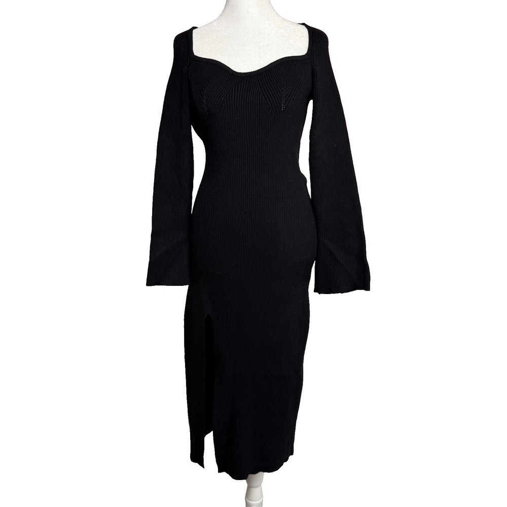 Bodycon Midi Dress Ribbed Size Medium Black ANRABESS Bell Sleeve Sweetheart Neck - Picture 2 of 8